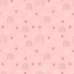 Cute seamless pattern with little hearts and rainbow. Vector pastel background. Valentine's day and love