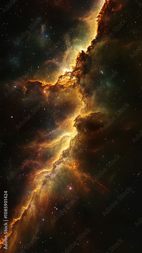 Poster golden nebula and stars in deep outer space.