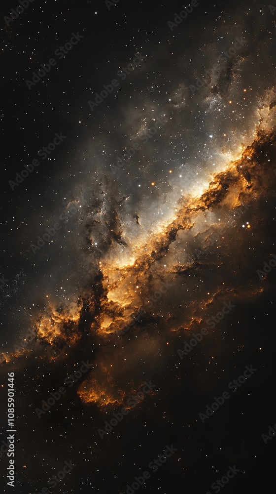 Poster golden nebula and stars in deep outer space.