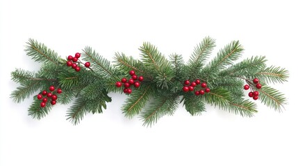 A holiday garland, festive decoration, lush evergreen with red berries, hyper-realistic style, isolated on white background