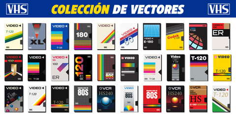 Colección de vectores de casetes de casete con gráficos antiguos de los años 80. Vídeos de éxito. Efecto VHS. Estilo de los años 80 y 90. Carátulas retro vintage. Plantillas de diseño fáciles