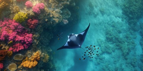 A Manta Ray being cleaned by butterfly fish near a vibrant coral reea