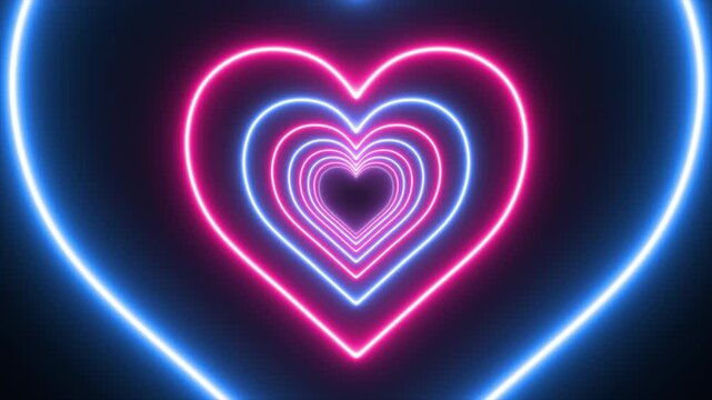 Valentine or wedding day love heart tunnel animation or overlay with glowing neon effect in blue and pink, concepts, ideas, 4K, transparent background with alpha channel, seamless loopable element