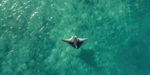 An overhead view of a Manta Ray swimming near the ocean surface, its shadow cast on the sandy seafloor below