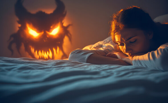 Unknown monster in the bedroom, sleep paralysis concept