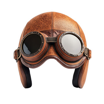 Brown aviator hat with goggles. Isolated white background. Png format