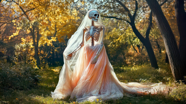 Skeleton bride dancing in the woods in glowing wedding dress