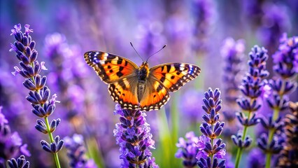 Colorful butterfly wings resting on purple lavender flower