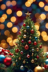 Obraz premium A majestic Christmas tree adorned with glowing lights and ornaments. 