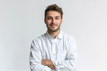 Caucasian man in comfortable, everyday outfits that transition seamlessly from casual to professional, this scene is set against a clear white backdrop.
