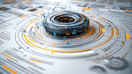 A futuristic tire is encircled by swirling data and tech elements for a high-tech vibe