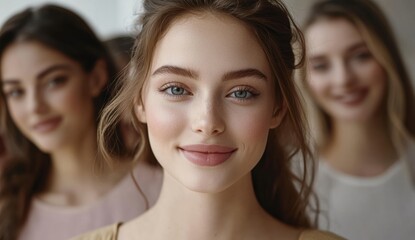 A group of women stands together, each with a soft smile that reflects empathy and the strength of their friendship.