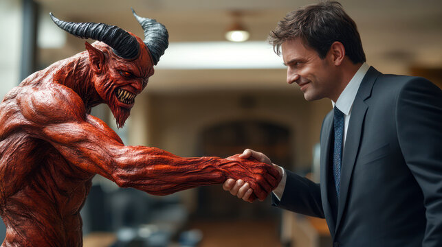 Greedy stupid manager sell his immortal soul to devil for money and success