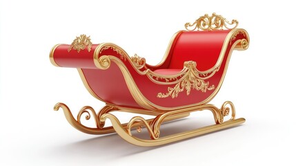 A sleigh, holiday transportation, 3D illustration, bright red with gold accents, isolated on white background 