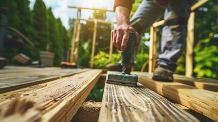 Close-up of a Man Using a Drill on a Wooden Deck