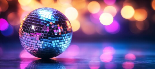 Obraz premium Disco Ball Reflecting Neon Lights on a Purple and Blue Surface