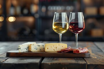 Naklejka premium Wooden table set with two glasses of wine, sliced meat, cheese board. Bokeh background. Holiday party. A luxurious dining setting. Romantic ambiance for a Valentine's Day dinner in the restaurant.