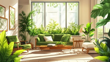 Fototapeta premium Green Houseplants And Sofas Add Charm To Interior Of Living Room, Creating A Cozy And Relaxing Atmosphere.
