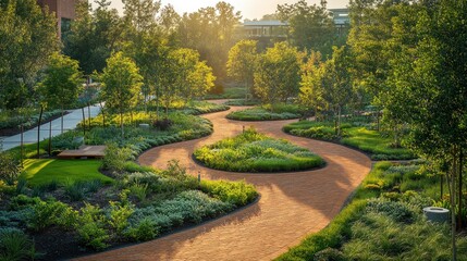 Fototapeta premium Aerial view of medical campus featuring wellness walking trail, meditation gardens, and outdoor fitness stations