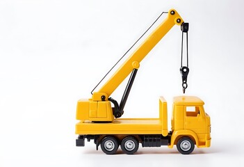 Yellow excavator model on a white background with bucket lift up