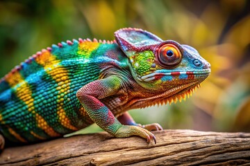 Fototapeta premium Colorful chameleon on wood background