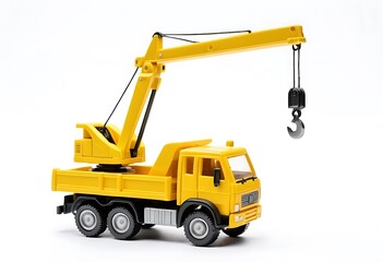 Naklejka premium Yellow excavator model on a white background with bucket lift up