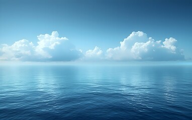 Fototapeta premium A serene seascape featuring calm waters under a clear blue sky, with soft, fluffy clouds reflecting the tranquil hues of the ocean. Perfect for relaxation and meditation.