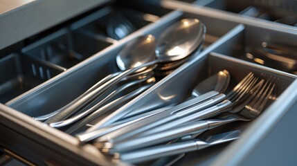 Close-up View of Silverware in a Kitchen Drawer