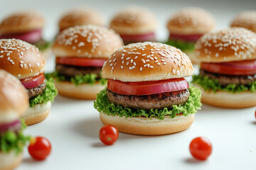 Mini Burgers Sesame Buns Lettuce Tomato Onion