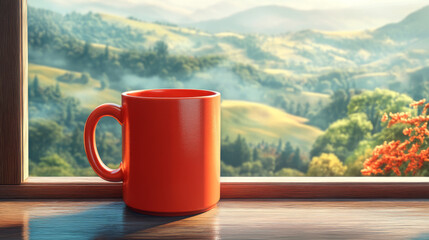 Obraz premium A bright orange mug sits on a windowsill overlooking a picturesque landscape of rolling hills and lush greenery.