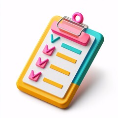 A vibrant 3D checklist icon featuring a clipboard design, perfect for projects and organization. Ideal for digital applications in office or administrative tasks.