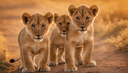 young lion cubs are walking together in the wild