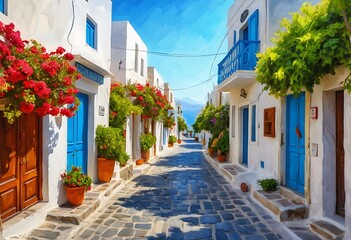 street of Oia, view of traditional white greek village of Santorini, Greece