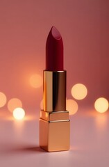 Vibrant red lipstick with golden tube on soft pink background with bokeh lights