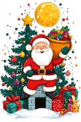 Jolly Santa Claus with a Sack of Gifts by the Christmas Tree under the Full Moon