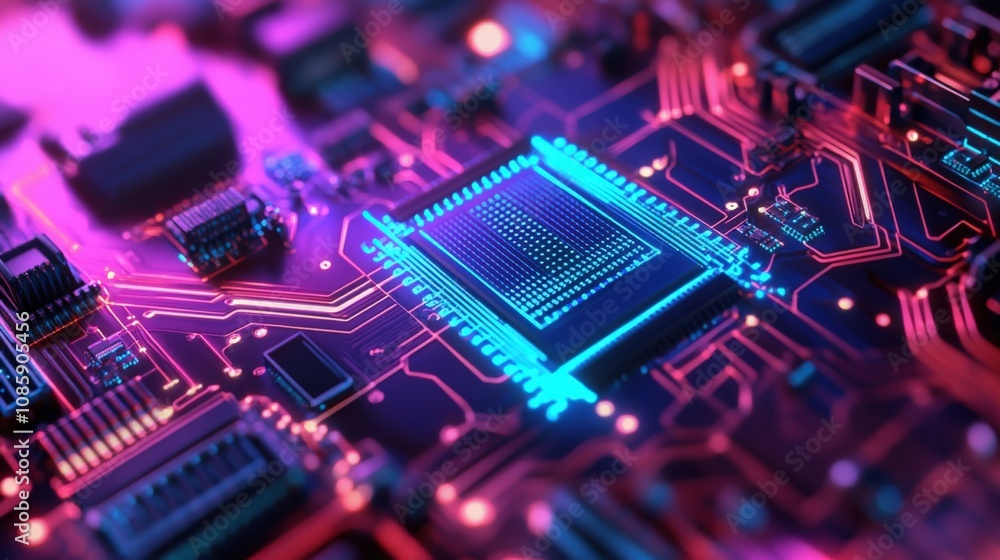 Aufkleber close-up of a glowing blue and red circuit board with a processor chip