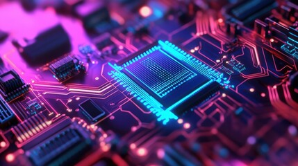 Fototapeta premium Close-up of a glowing blue and red circuit board with a processor chip