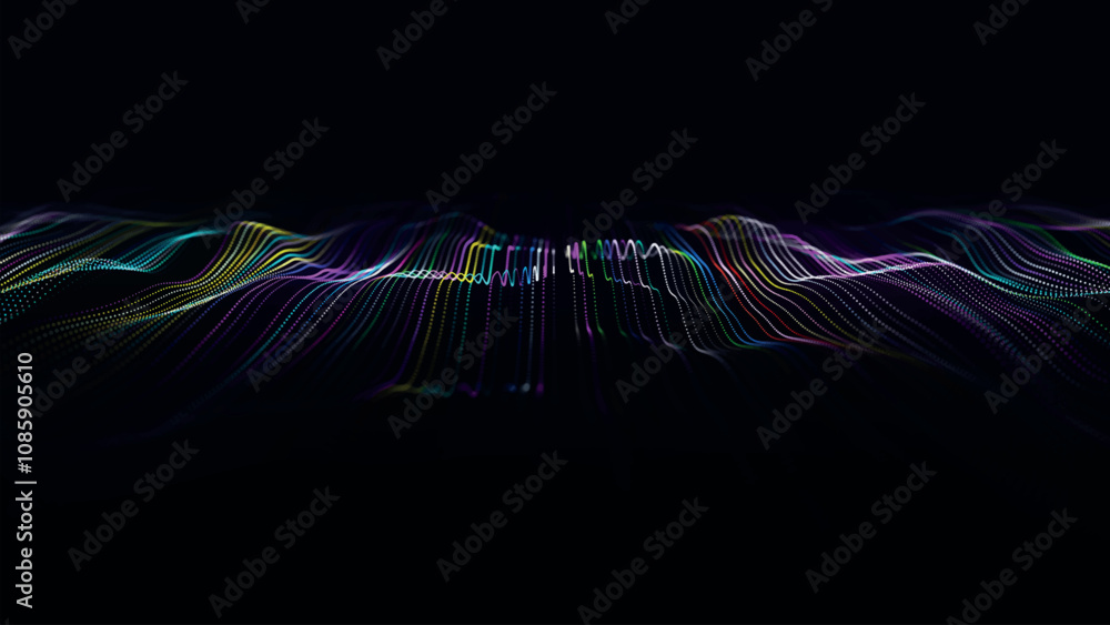 Poster futuristic point wave of particles. visualization of sound waves. dark background. technology or sci