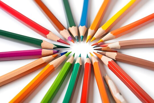 Multicolor colored pencils or crayons on white paper background.