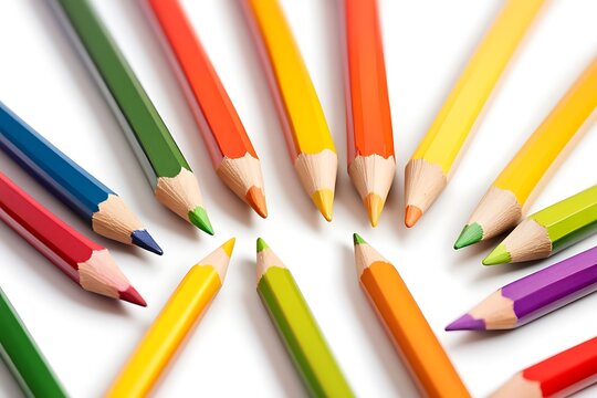 Multicolor colored pencils or crayons on white paper background.