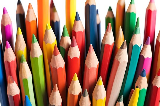 Multicolor colored pencils or crayons on white paper background.