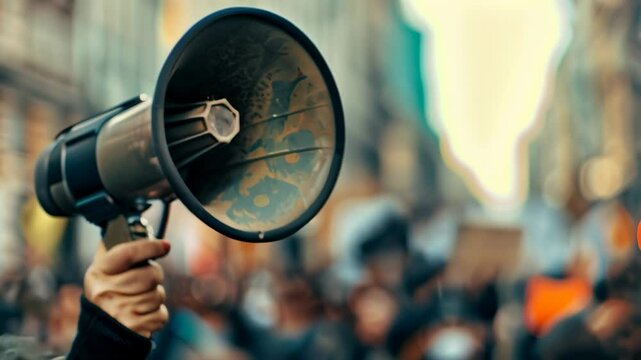 Hand holding megaphone addressing crowd during protest march in urban environment, demonstrating for social justice and equality