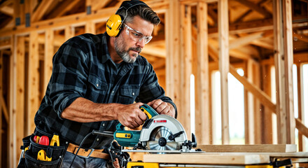 Focused Carpenter Using Power Saw for Precision Woodworking on Construction Site