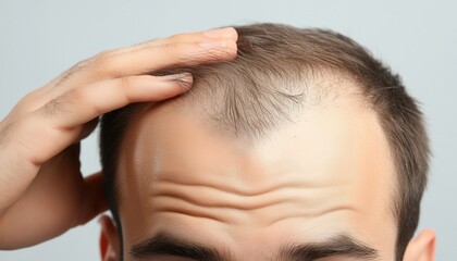 Fototapeta premium Close-Up Image Of Doctor Examining Young Man'S Hair Loss Issue On Grey Background, Marking Forehead With Care.