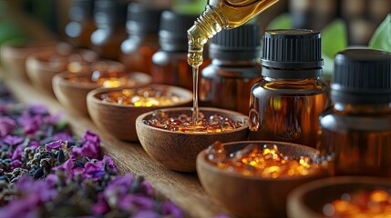 Close-up of therapeutic essential oils being added to diffuser in wellness treatment room