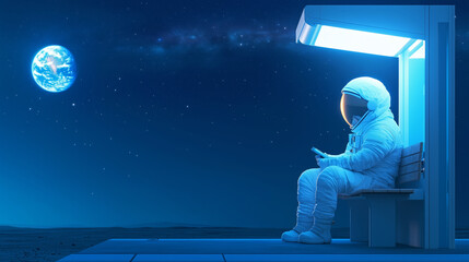 An astronaut waits at a lunar bus stop under the stars, gazing at Earth from a distance