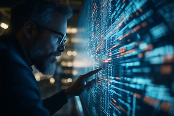 A man is pointing at a computer screen with a lot of numbers and lines. Concept of complexity and technicality, as the man is trying to understand or navigate the data displayed on the screen