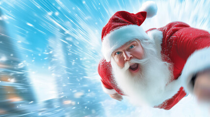 Santa Claus flying through a snowy landscape with excitement during the holiday season