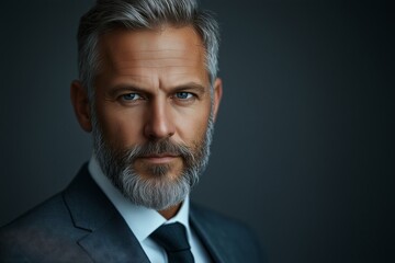 A man with a beard and gray hair is wearing a suit and tie. He is looking directly at the camera