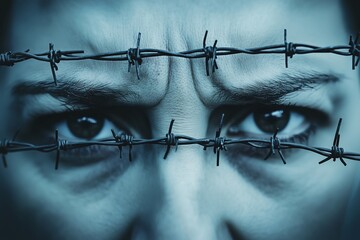 A person with their eyes closed and a barbed wire fence in front of them. Concept on the topic of anti-Semitism